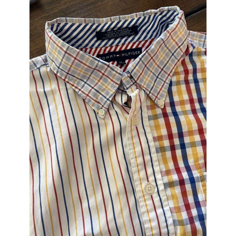 Tommy Hilfiger Shirt Mens XL Multicolor Plaid Stripe Short Sleeve Button Front